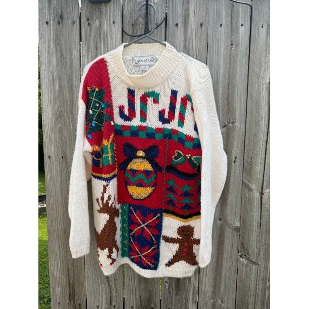 Vintage Holiday Embellished Spice of Life Sweater Medium White Ugly Christmas